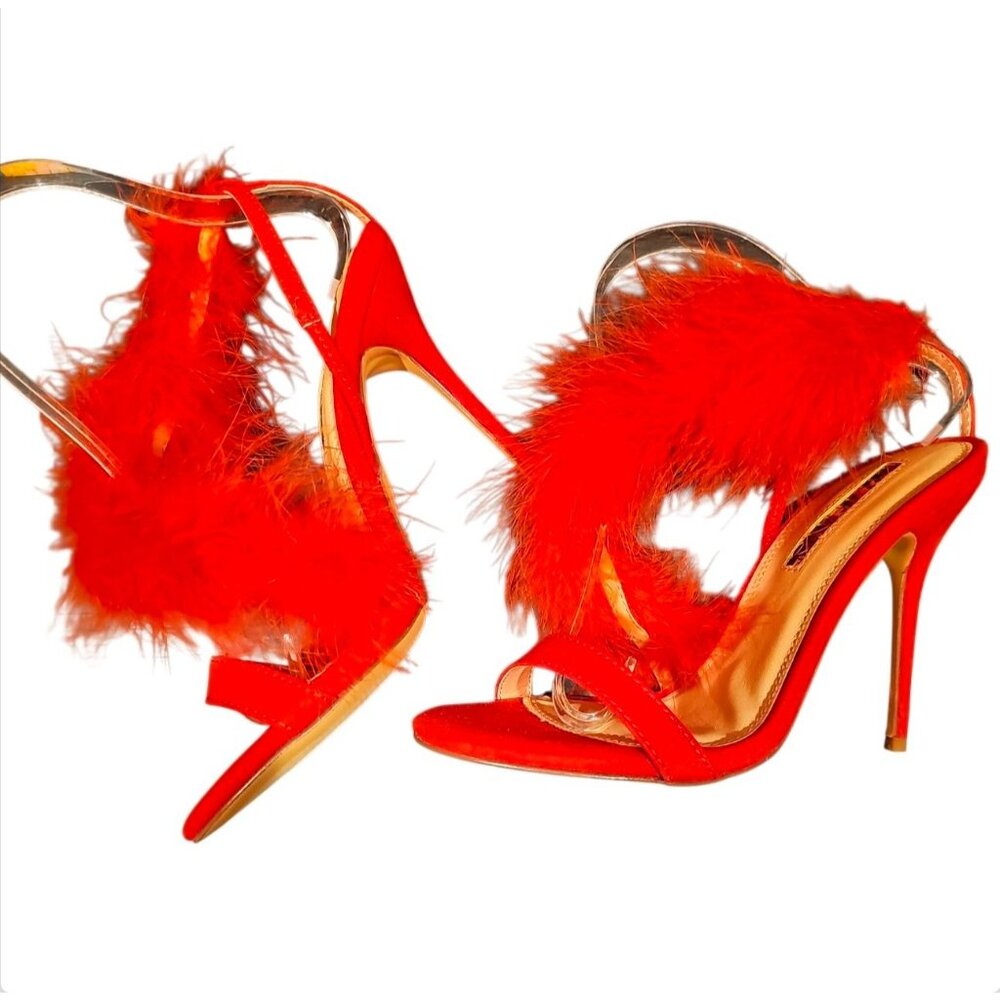 Bright Red Feathered High Heel Stiletto Open Toe Sandals With Dramatic Plume Acc - Picture 7 of 8
